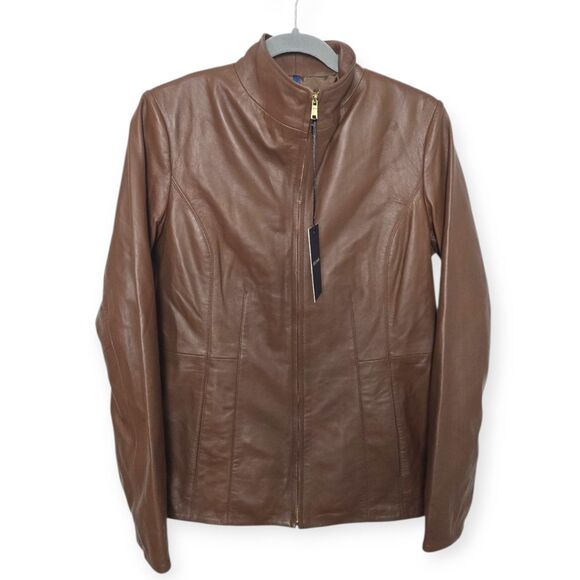 NWT Cole Haan Size Medium Hickory Women's Wing Collar Leather Jacket $498 MSRP - Picture 2 of 9